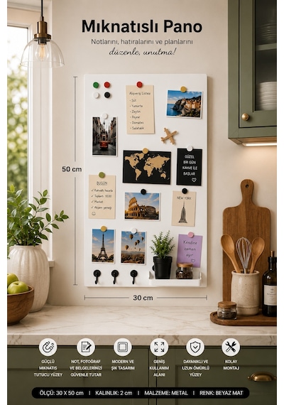 Yiğit Metal Mıknatıslı Pano Beyaz Ofis/çalışma Odası İçin Mıknatıs Hediyeli Metal Magnet Hatıra Panosu 50 x 30 CM