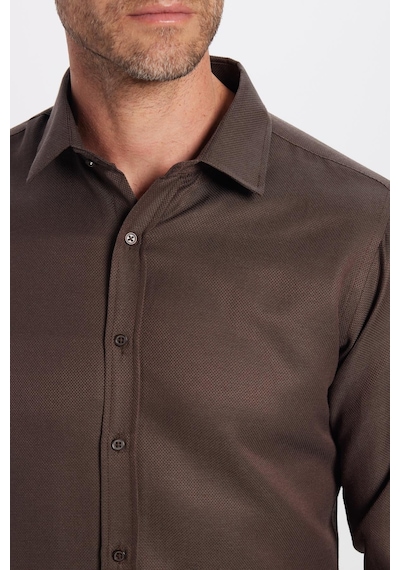 Tudors Modern Slim Fit Uzun Kollu Pamuklu Kolay Ütü Armürlü Erkek Kahve Gömlek-25752 Kahverengi