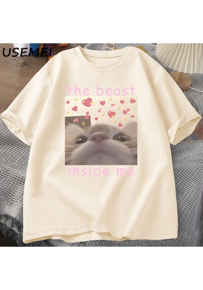 Flood Of Style The Beast Inside Me Cat Meme T-shirt Men Women Dank Memes Tee Shirt Silly Cats Unhinged Tshir Haki