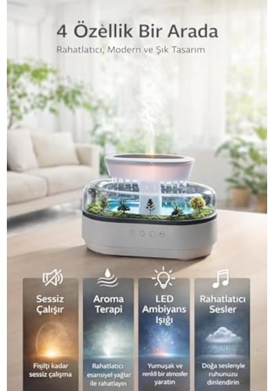 Yağmur Damlası Efektli Hava Nemlendirici Ve Aroma Difüzör, Doğa Ses Modları, Led Ambiyans Işıklı, Sessiz Çalışma, Buharlı Nemlendirici Buhar Makinesi, Dekoratif Tasarım Yapay Teraryum Tasarımı