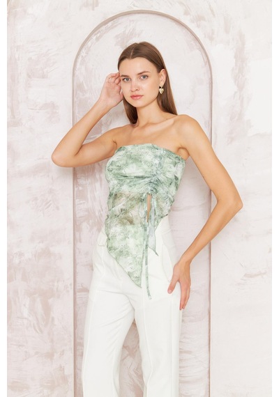 Darlin Moda Kadın Yeşil Desenli Astarlı Tül Straplez Bluz Dm7006 Yeşil