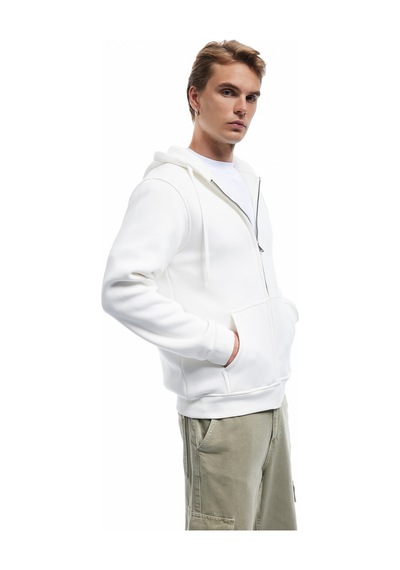 Koton Şardonlu Regular Fit Kapüşonlu Fermuarlı Uzun Kollu Kanguru Cepli Sweatshirt Ekru 7wam70004mk