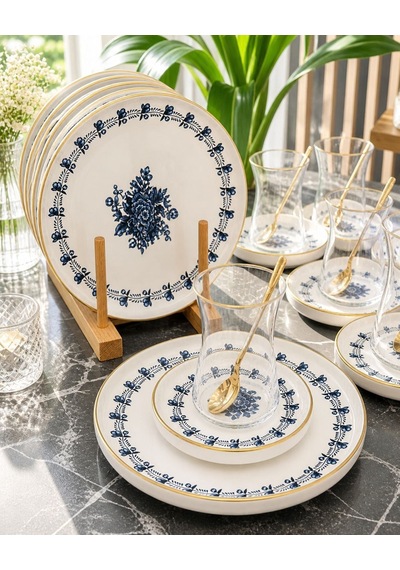 18 Parça Modern Regaria Blue Flower Pasta Çay Saati Seti-5634 Çok Renkli