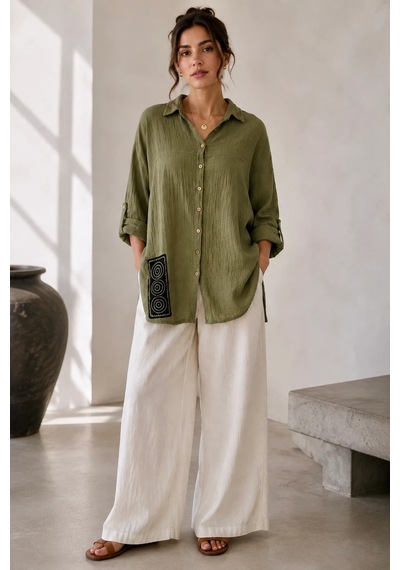 Bb Butik Basic İtalyan Seri Müslin Oversize Gömlek Dn0942 haki