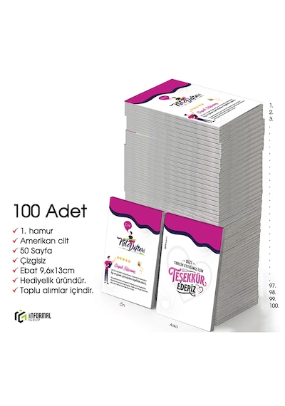 İnformal 100 Adet Çizgisiz Mini Not Defteri 9x13 Cm 1.hamur Amerikan Cilt 50 Sayfa Mor - Beyaz