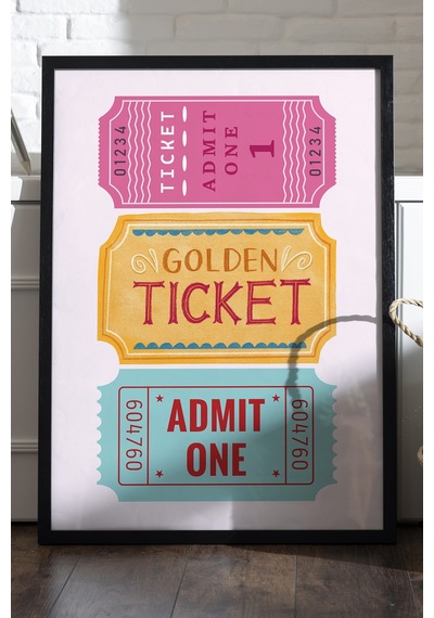 Golden Ticket Ahşap Çerçeveli Poster, Dekoratif Hediyelik Duvar Tablosu