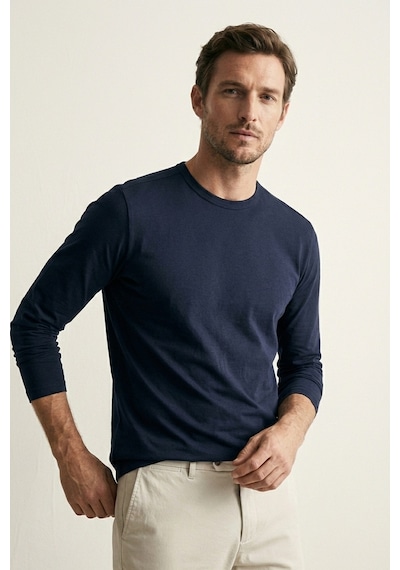 Elemge Pamuk Erkek Süprem Basic T-shirt Compact Penye Tok Kumaş Uzun Kollu Lacivert Sporcu Tişört Body 2XL