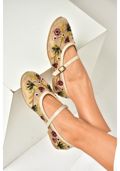 Fox Shoes U267853215 Bej File Çiçek Motifli Kadın Babet Bej-file Bej