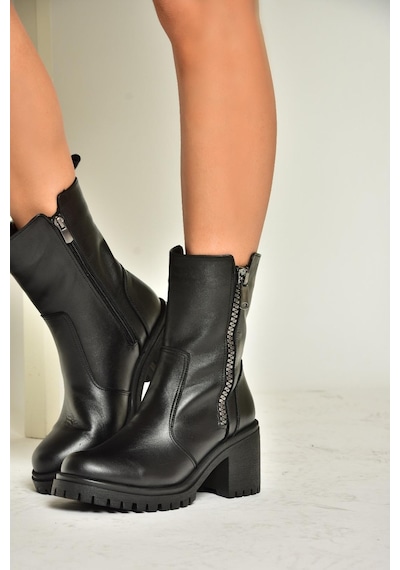 Fox Shoes T654095803 Siyah Hakiki Deri Kalın Topuklu Kadın Bot Siyah-hakiki Deri Siyah