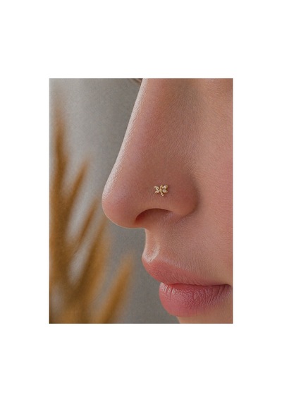 Altın Taşlı Yusufçuk Figür Geçmeli Hızma Burun Piercing 14 Ayar
