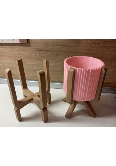 3d Baskı Ayaklı Çizgili Saksı - Bej Standlı Dekoratif Saksı - Pembe