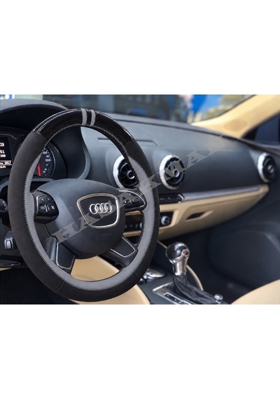 Audi A4 B8 Dikme Direksiyon Kılıfı Parlak Siyah Gri Detaylı Gri Çift Yüzük Ve Dikiş 2012-2015