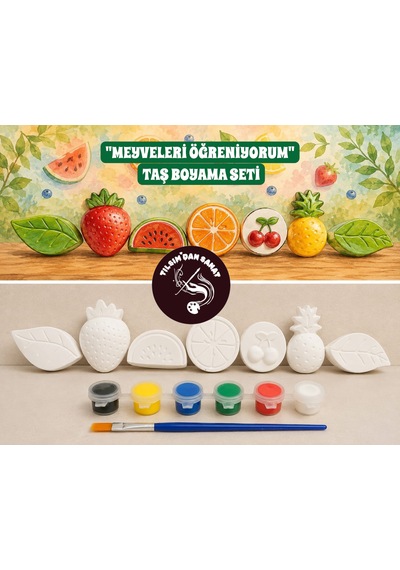 Meyveleri Öğreniyorum Taş Boyama Seti 7 Obje + 6 Renk Boya + 1 Fırça + Boyama Sertifikası