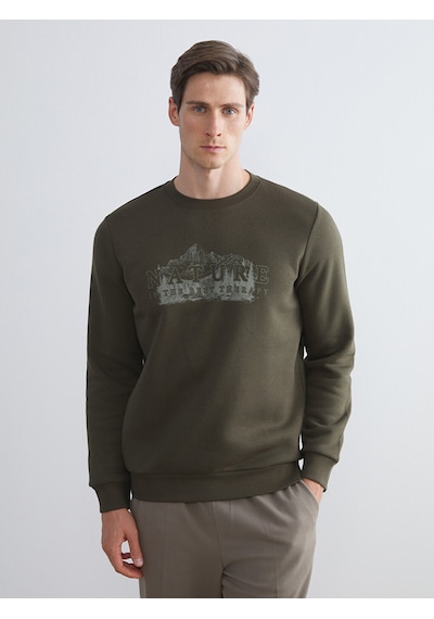 LC Waikiki Lc Waıkıkı Haki Bisiklet Yaka Baskılı Erkek Sweatshirt
