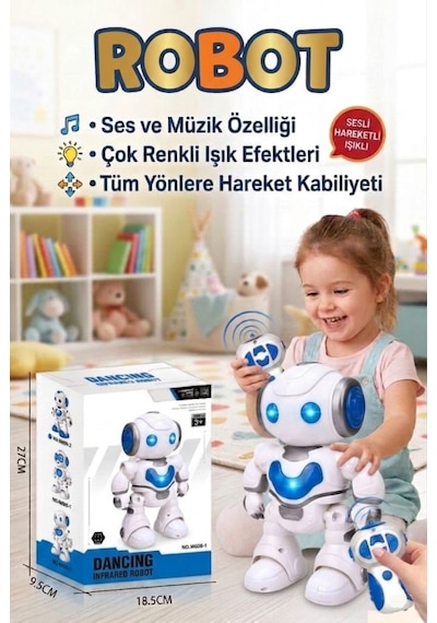 Dans Eden Robot 7 Fonksiyonlu Uzaktan Kumandalı Işıklı Sesli Müzikli Yürüyen Akıllı Oyuncak Robot Mavi