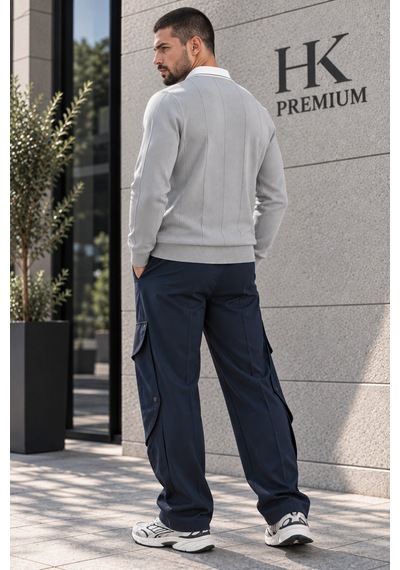 Hk Premium Erkek Polo Yaka Kontrast Çizgili Fitilli Triko Kazak Uzun Kollu, Dokulu Örme Kazak Gri Hk Premium Erkek Polo Yaka Kontrast Çizgili Fitilli Triko Kazak Uzun Kollu, Dokulu Örme Kazak Gri