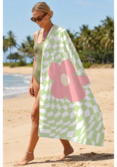 Çiçek Desenli Retro Plaj Havlusu - Yeşil Pembe Modern Geometrik Hızlı Kuruyan Mikrofiber Havlu Örtü Berrak Rüyası