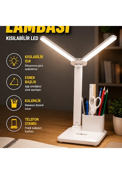 Kısılabilir Led Çalışma Lambası Esnek Başlıklı, Kalemlik Ve Telefon Standlı Renkli