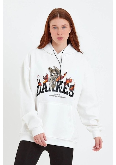 Kadın Oversize Kapüşonlu Cepli Baskılı 3 İplik Pamuklu Hoodie Sweatshirt - Beyaz