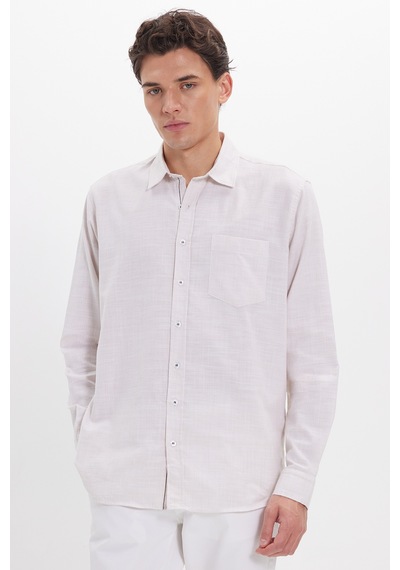 Tudors Erkek Regular Fit Klasik Kesim Oversize %100 Pamuk Keten Doku Bej Gömlek-42663