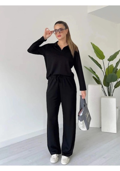 Defymoda Polo Yaka Alt Üst Kollu Modal Takım Siyah Pt Siyah