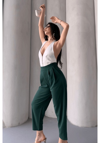 Paw Garage Scuba Harem Pantolon, Krep Kumaş, Rahat Kalıp Yeşil