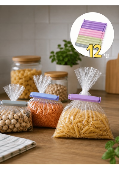 Beylini 12'li Pratik Poşet Kıskacı Mühür Klipsi Sızdırmaz Ambalaj Ve Torba Kapatma Aparatı Pratik Poşet Ağzı Kapatıcı Çok Renkli