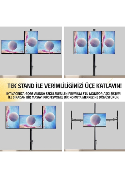 Ergoflex Ef53 Üç Ekran Montaj Asansörlü 13-27inch Monitör Standı