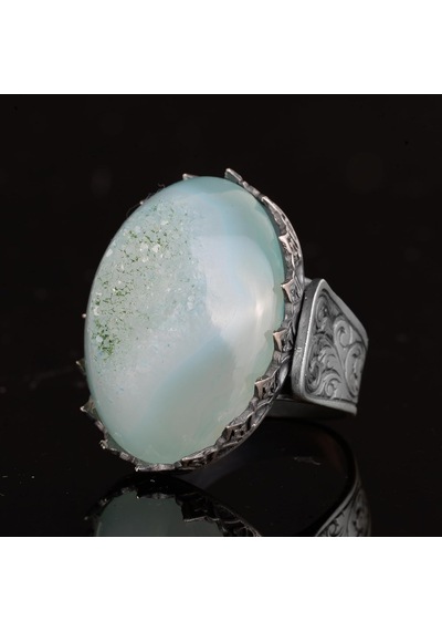 Erkekler İçin 925 Ayar Gümüş Yüzük, Doğal Druzy Kuvars: Aqua, Yeşil, Bej Seçenekleri Aqua Gümüş