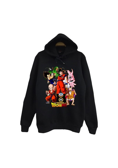 Dragon Ball Z Anime Baskılı Unisex %100 Pamuk Kapüşonlu Siyah Sweatshirt Siyah