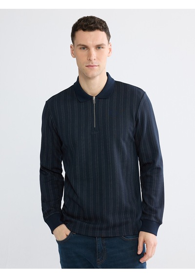 Lcwaıkıkı Classic Lacivert Polo Yaka Çizgili Erkek Sweatshirt