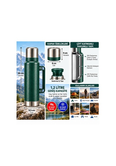 Kale Master 1,2 L Klasik Çelik Termos Yeşil,kulplu Avcı Termosu, Sıcak Soğuk İçecek Termosu, Seyahat Ve Kamp Termosu-504
