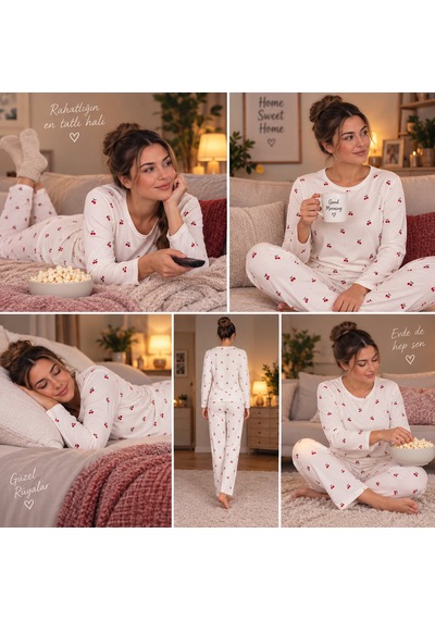 Pijama Denizi Pijama Partisi Kirazlı Pijama Takımı Kadın Açık Krem
