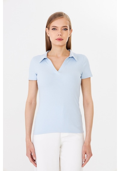 Hdm Kadın Mavi Polo Yaka Fitilli Günlük Bluz - H6038