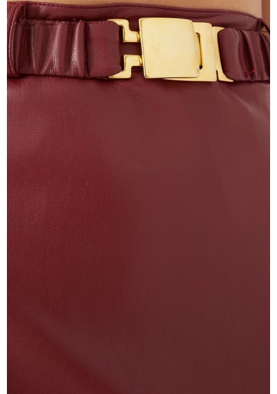 Rowen Rose Belted Maxi Skirt, Lüks Eco Leather Kuşaklı Ve Yırtmaçlı Deri Etek Koyu Kırmızı