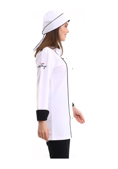 Kadın Aşçı Ceket 01 - Beyaz Siyah Biye-6640