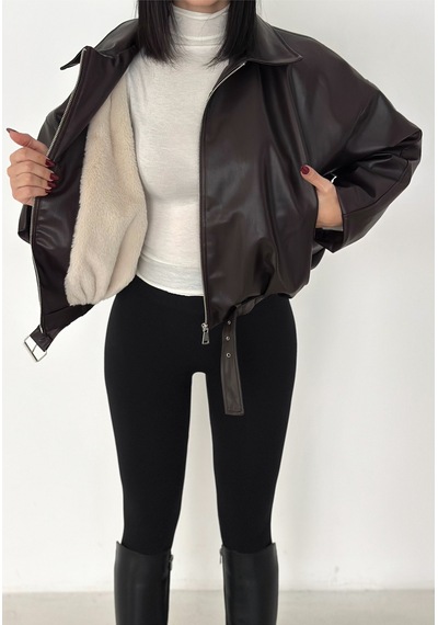 Karabulut İçi Peluş Detaylı Kemerli Deri Ceket Kahverengi233434223 Kahverengi233434223 Karabulut İçi Peluş Detaylı Kemerli Deri Ceket Kahverengi233434223 Kahverengi233434223