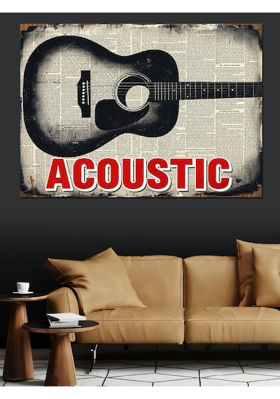 Akustik Gitar Müzik Yazısı Dekoratif Kanvas - Mdf Ahşap Tablo