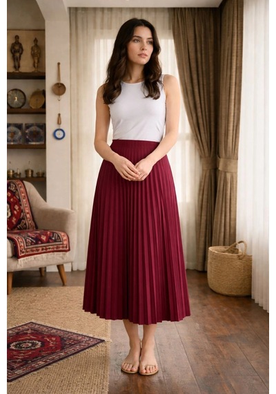 Wear Vexel Kadın 90 Cm Saten Kumaş Pliseli Midi Etek Şık Ve Zarif Tasarım - Bordo Çok Renkli