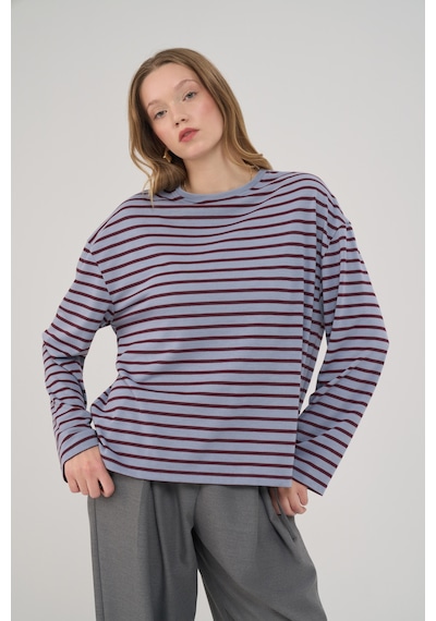 Mai Studios Mist Çizgili Basic Buz Mavi T-shirt