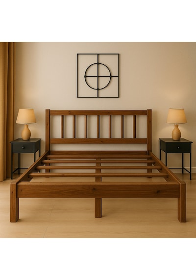 120cm X 190cm Masif Ahşap Yuvarlak Çıtalı Başlıklı Karyola Ceviz Rengi