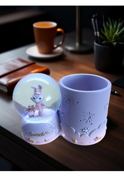 Tavşan Figürlü 15cmx10cm Ebat Pilli Işıklı Dekoratif Kar Küre Kalemlik 15cm X 10cm