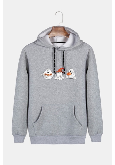 Unisex Gri Önü Hayalet Baskılı Kapşonlu Sweatshirt Gri