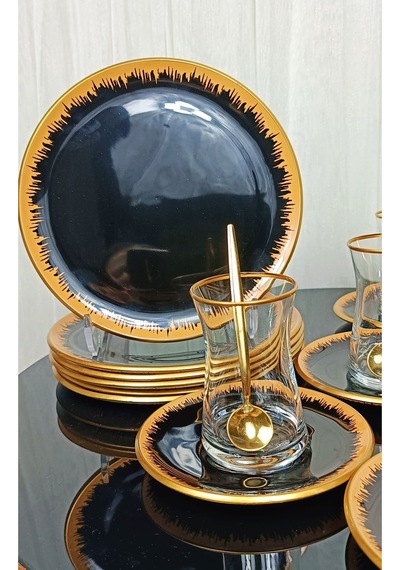 Elta Collection 6 Kişilik 24 Parça Pinkmore Siyah-gold Pasta Çay Saati Seti Siyah