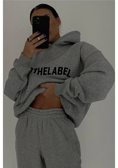 Mood The Label Kışlık Eşofman Takımı - Gri Baskılı Kapüşonlu Oversize Şardonlu Gri