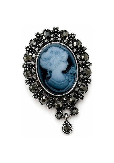 Vintage Cameo Desenli Siyah Taşlı Kadın Broşu Zarif Hediye Aksesuarı Açık Gri