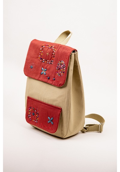 Fabric Craft Bag Sırt Çantası Kumaş Boho Nakışlı Koyu Bej - Bordo