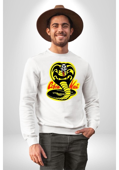 Cobra Kai Karete Çocuk Yılan Logo Dizi Unisex Beyaz Sweatshirt Beyaz