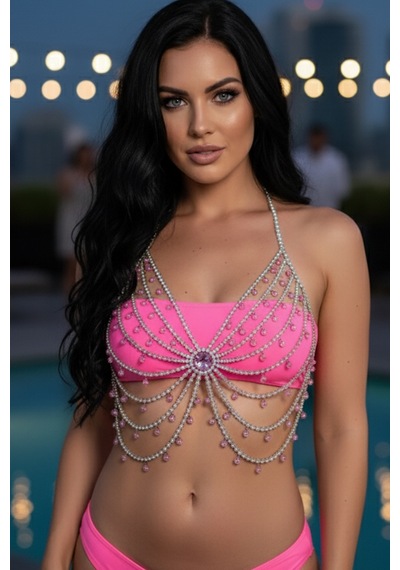 Caş Dekorasyon Gümüş Renk Pembe Taşlı Bralet Vücut Aksesuarı Gümüş