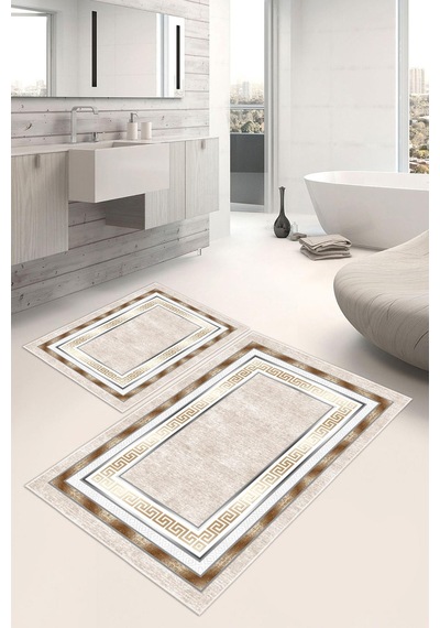 Dijital Baskı Çerçeve Desenli Kaymaz Taban 2li Set Banyo Paspası Klozet Takımı 50x60cm-60x100cm krem